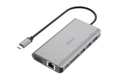 Deltaco USB-C til HDMI / VGA / USB / RJ45 / SD-adapter, USB-C-port til opladning, 3840x2160